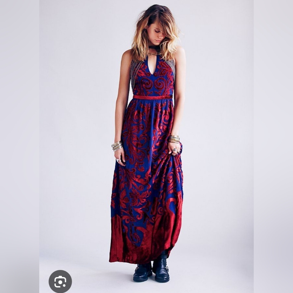 Free People Hedge Maze Velvet Applique Damask Brocade Maxi Dress HTF